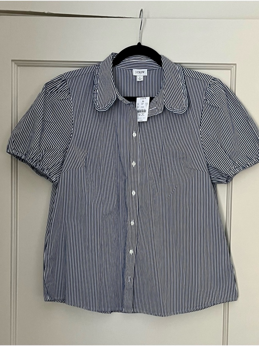 J. Crew Navy and White Striped Short-Sleeve Button Blouse